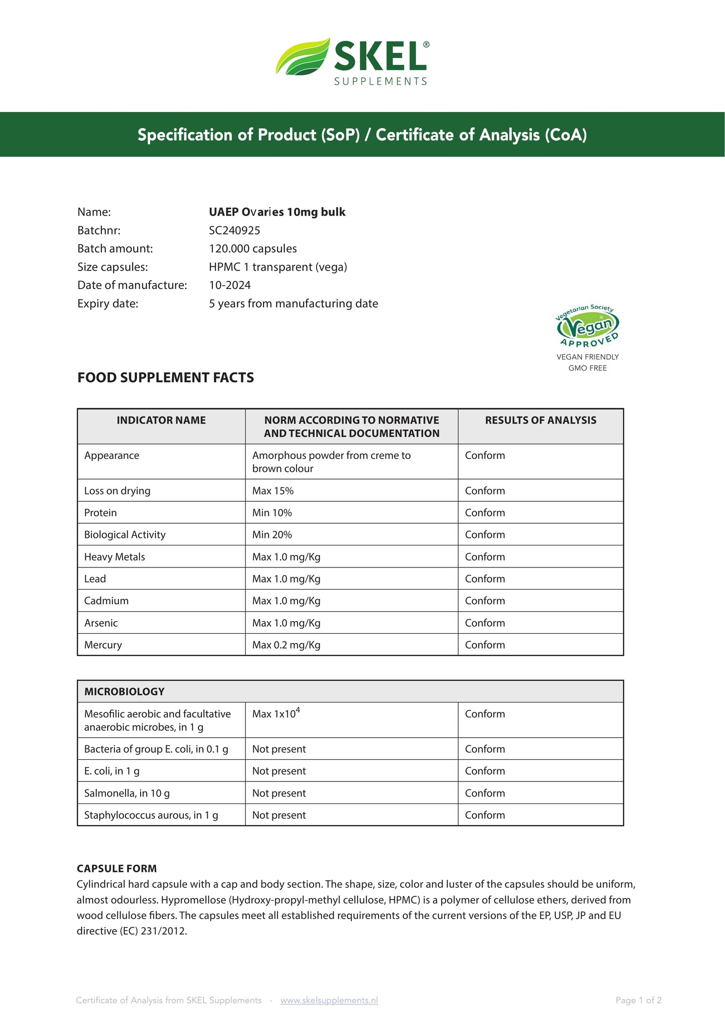 Ovary Bioregulator: 10mg Capsule